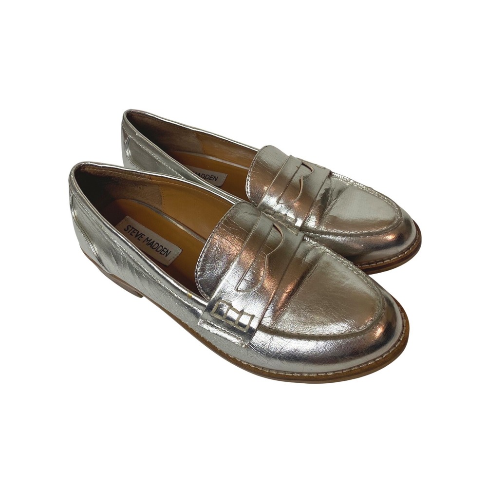 Steve Madden Womens Silver Metallic‎ Penny Loafers Slip On Flat Shoes Sz 6